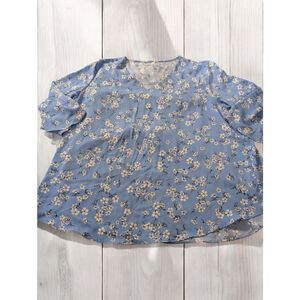 Plus Size 3XL XXX Top Blue Floral Split‎ Sleeve Stretch V-Neck Blouse